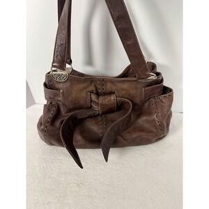 BRIGHTON Cleo Bow Brown Leather Shoulder Bag Studded Stitch Detail